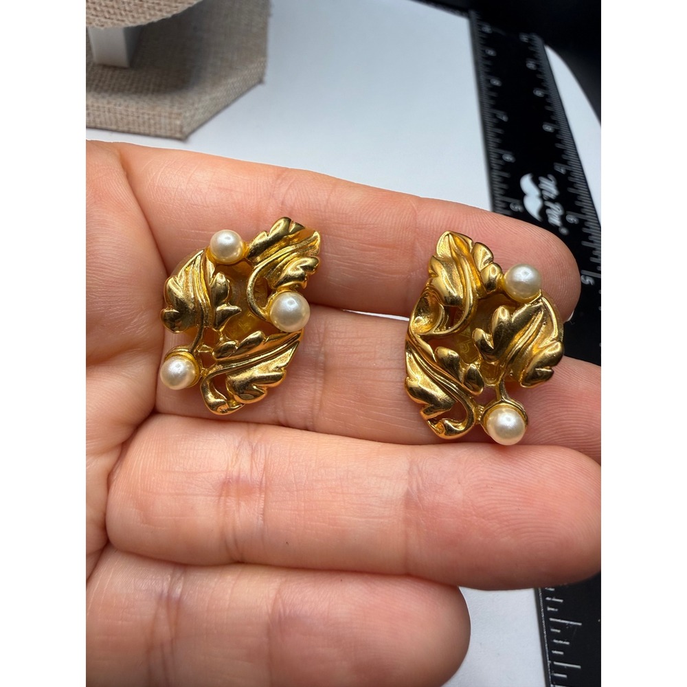 Napier Gold Leaf Pearl Accent Clip Earrings